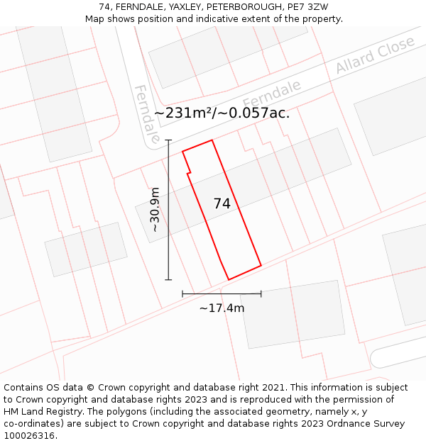 74, FERNDALE, YAXLEY, PETERBOROUGH, PE7 3ZW: Plot and title map
