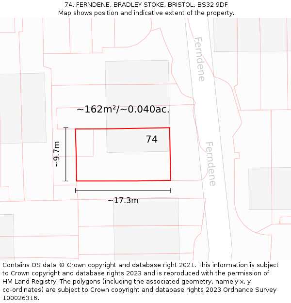 74, FERNDENE, BRADLEY STOKE, BRISTOL, BS32 9DF: Plot and title map