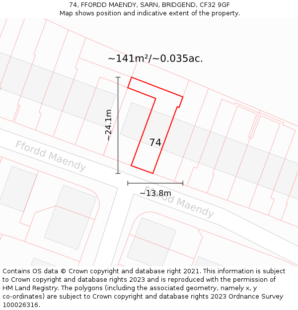 74, FFORDD MAENDY, SARN, BRIDGEND, CF32 9GF: Plot and title map