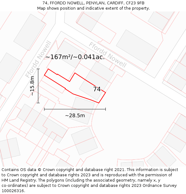 74, FFORDD NOWELL, PENYLAN, CARDIFF, CF23 9FB: Plot and title map