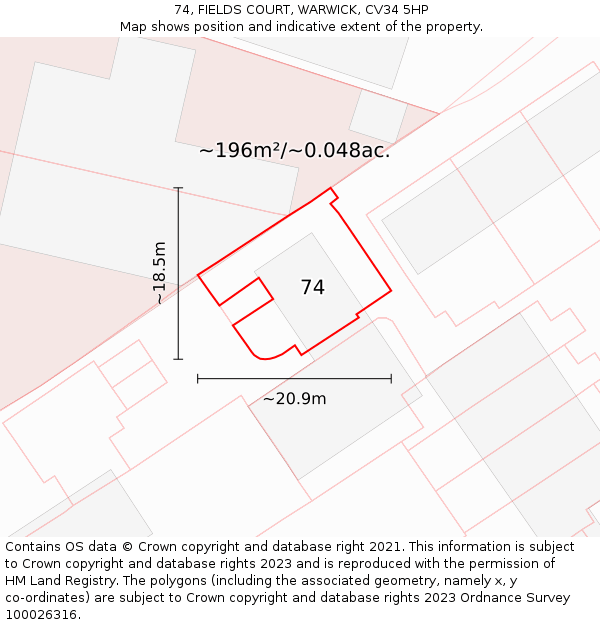 74, FIELDS COURT, WARWICK, CV34 5HP: Plot and title map