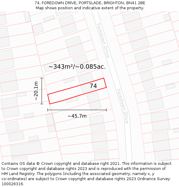 74, FOREDOWN DRIVE, PORTSLADE, BRIGHTON, BN41 2BE: Plot and title map