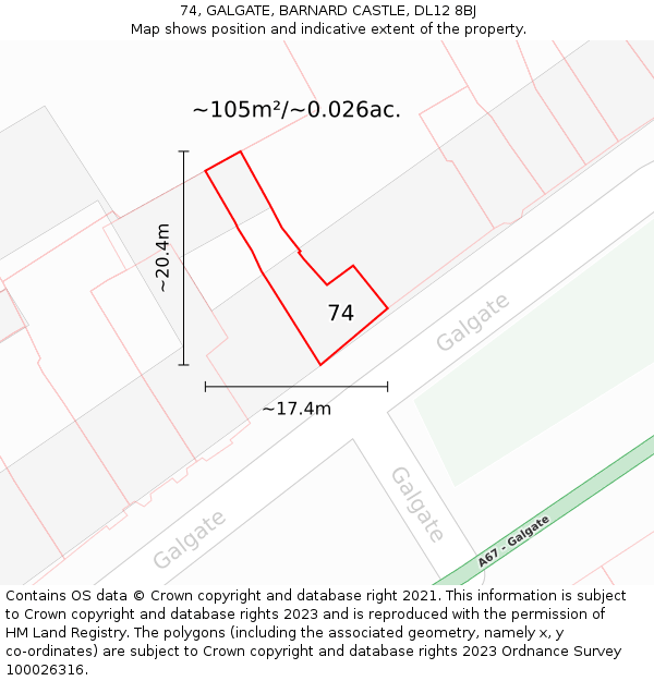 74, GALGATE, BARNARD CASTLE, DL12 8BJ: Plot and title map