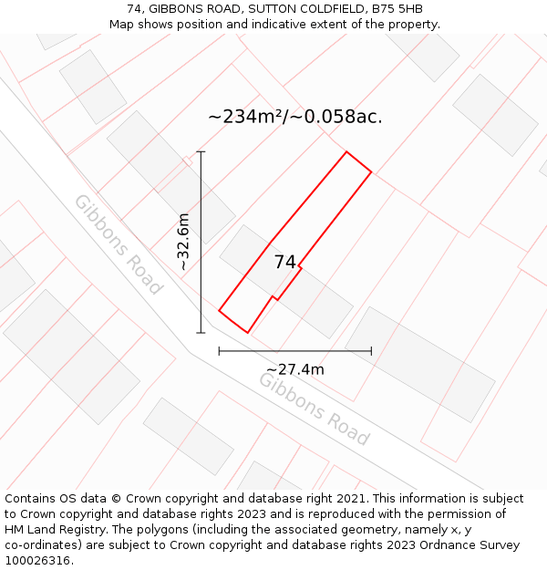 74, GIBBONS ROAD, SUTTON COLDFIELD, B75 5HB: Plot and title map