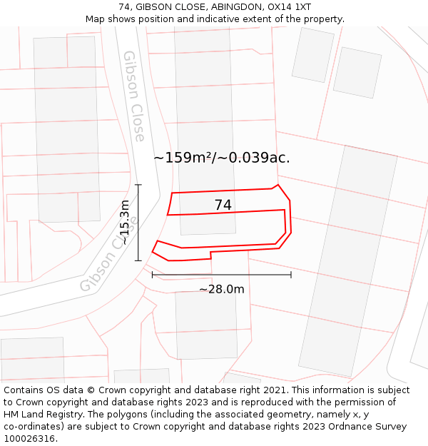 74, GIBSON CLOSE, ABINGDON, OX14 1XT: Plot and title map