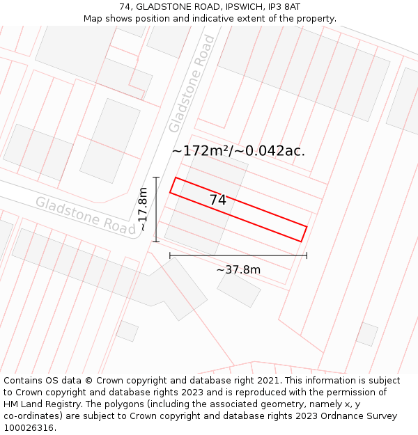 74, GLADSTONE ROAD, IPSWICH, IP3 8AT: Plot and title map