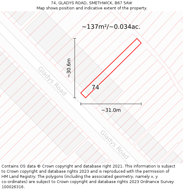 74, GLADYS ROAD, SMETHWICK, B67 5AW: Plot and title map