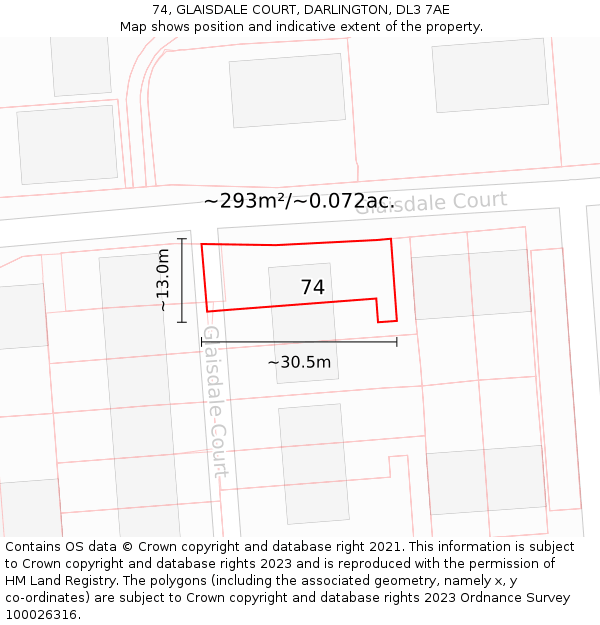 74, GLAISDALE COURT, DARLINGTON, DL3 7AE: Plot and title map
