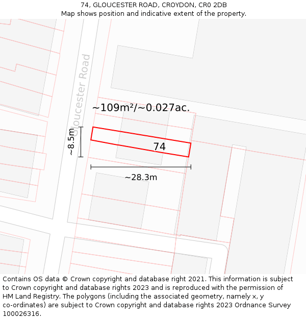 74, GLOUCESTER ROAD, CROYDON, CR0 2DB: Plot and title map