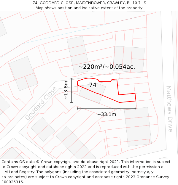 74, GODDARD CLOSE, MAIDENBOWER, CRAWLEY, RH10 7HS: Plot and title map