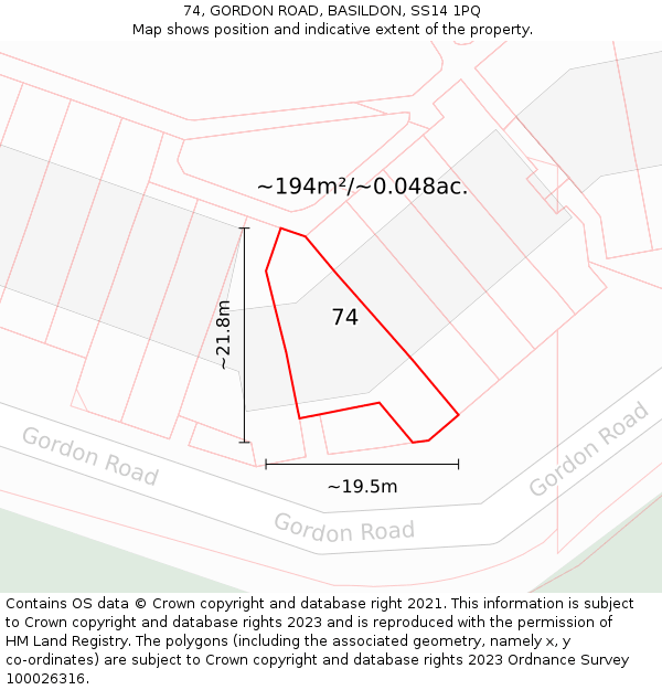 74, GORDON ROAD, BASILDON, SS14 1PQ: Plot and title map