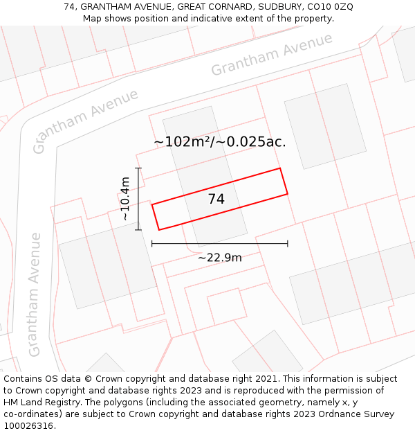 74, GRANTHAM AVENUE, GREAT CORNARD, SUDBURY, CO10 0ZQ: Plot and title map