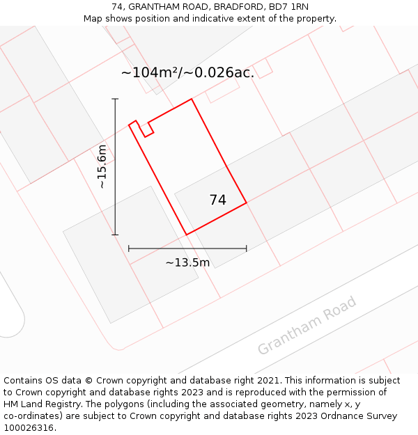 74, GRANTHAM ROAD, BRADFORD, BD7 1RN: Plot and title map