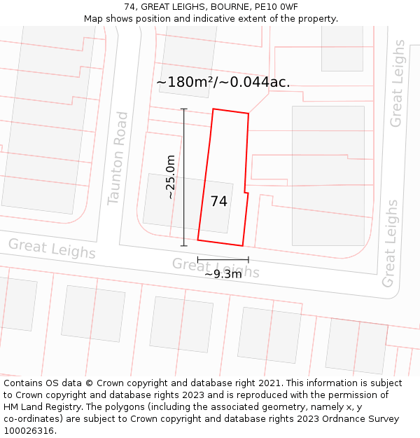 74, GREAT LEIGHS, BOURNE, PE10 0WF: Plot and title map