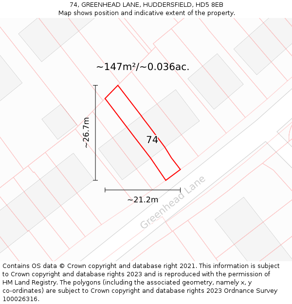 74, GREENHEAD LANE, HUDDERSFIELD, HD5 8EB: Plot and title map