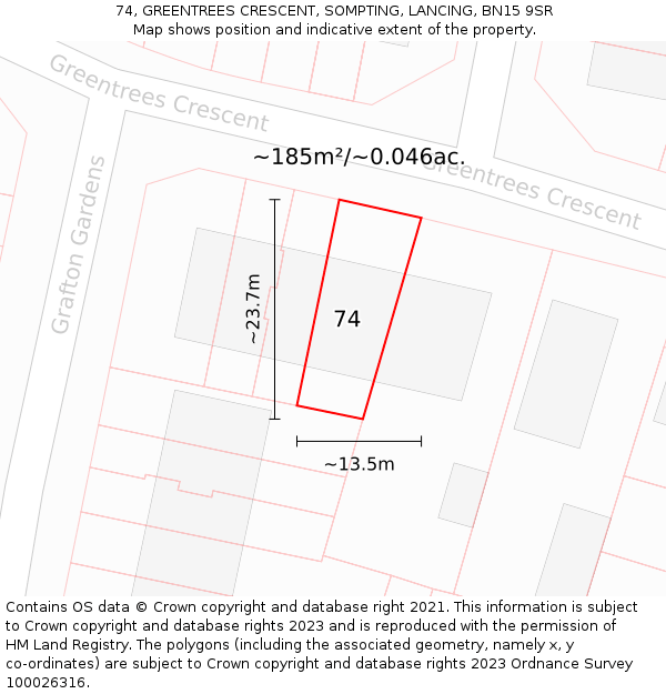 74, GREENTREES CRESCENT, SOMPTING, LANCING, BN15 9SR: Plot and title map