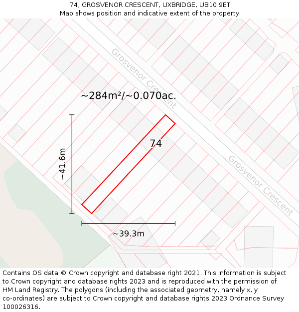 74, GROSVENOR CRESCENT, UXBRIDGE, UB10 9ET: Plot and title map