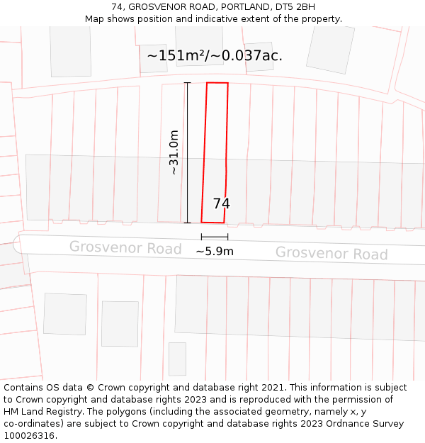 74, GROSVENOR ROAD, PORTLAND, DT5 2BH: Plot and title map