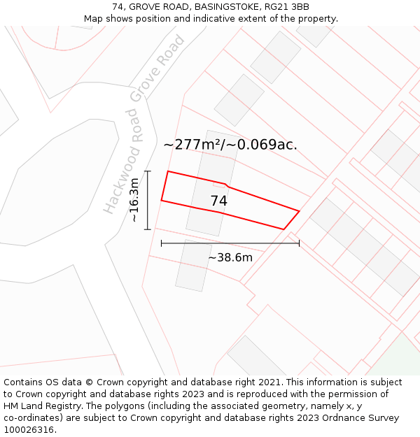 74, GROVE ROAD, BASINGSTOKE, RG21 3BB: Plot and title map