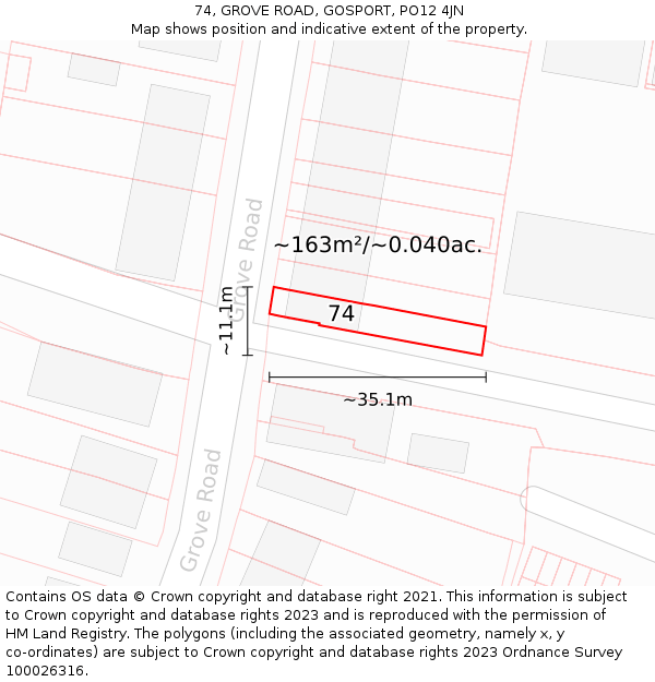74, GROVE ROAD, GOSPORT, PO12 4JN: Plot and title map