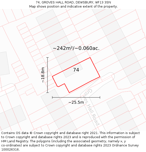 74, GROVES HALL ROAD, DEWSBURY, WF13 3SN: Plot and title map