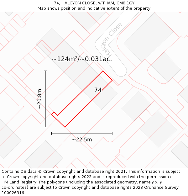 74, HALCYON CLOSE, WITHAM, CM8 1GY: Plot and title map