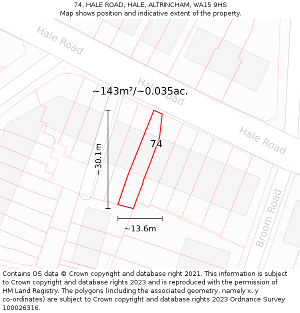 74, HALE ROAD, HALE, ALTRINCHAM, WA15 9HS: Plot and title map