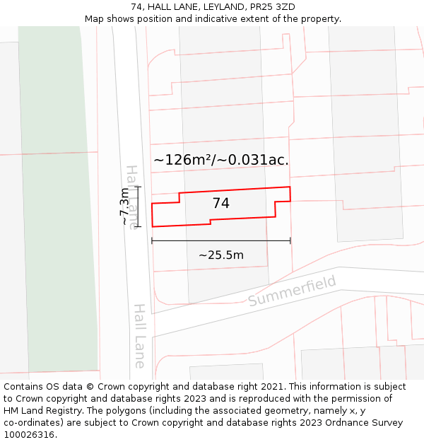 74, HALL LANE, LEYLAND, PR25 3ZD: Plot and title map