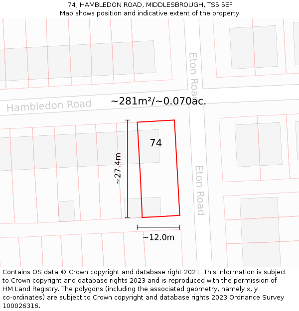 74, HAMBLEDON ROAD, MIDDLESBROUGH, TS5 5EF: Plot and title map