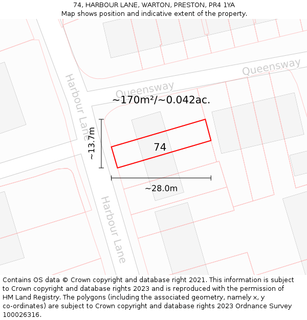 74, HARBOUR LANE, WARTON, PRESTON, PR4 1YA: Plot and title map