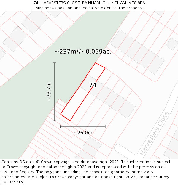 74, HARVESTERS CLOSE, RAINHAM, GILLINGHAM, ME8 8PA: Plot and title map