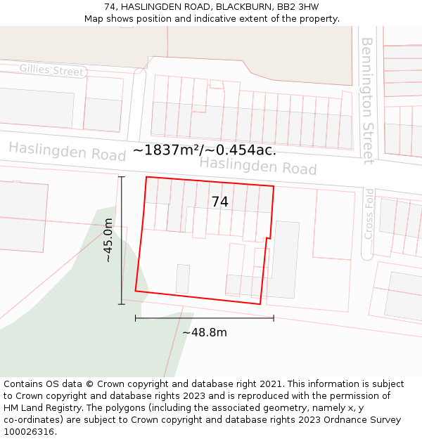 74, HASLINGDEN ROAD, BLACKBURN, BB2 3HW: Plot and title map