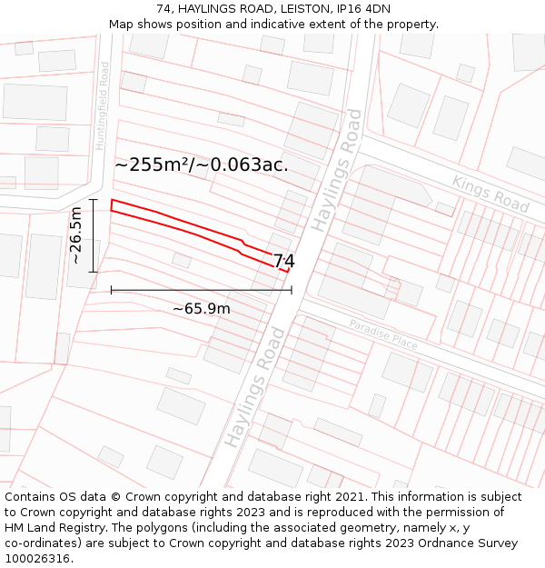 74, HAYLINGS ROAD, LEISTON, IP16 4DN: Plot and title map