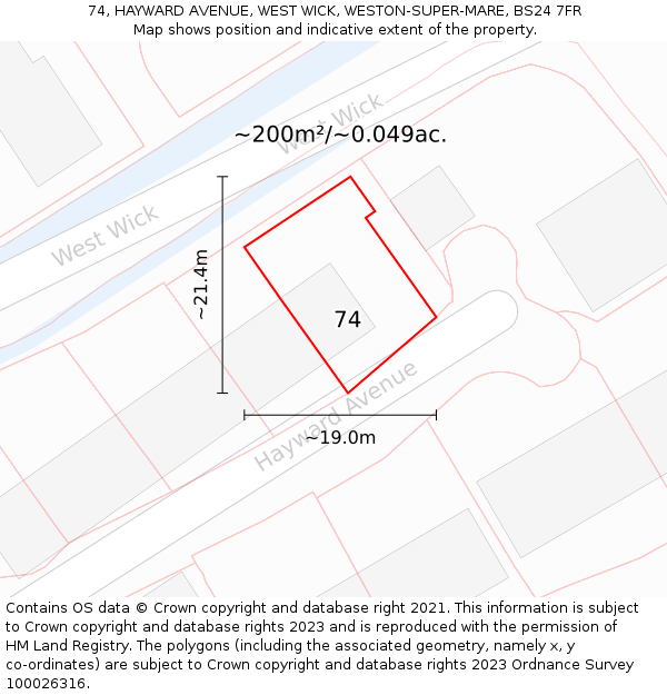 74, HAYWARD AVENUE, WEST WICK, WESTON-SUPER-MARE, BS24 7FR: Plot and title map