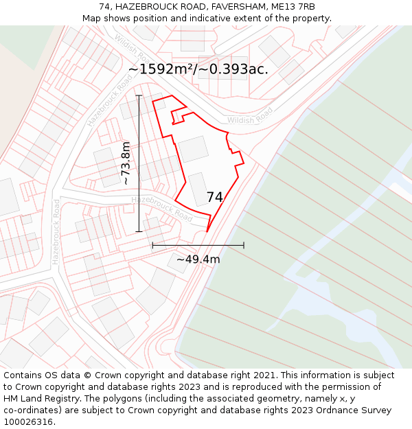 74, HAZEBROUCK ROAD, FAVERSHAM, ME13 7RB: Plot and title map