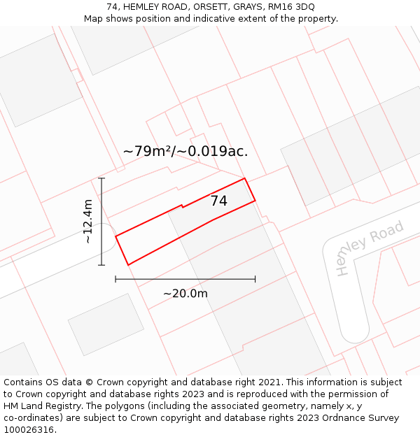 74, HEMLEY ROAD, ORSETT, GRAYS, RM16 3DQ: Plot and title map