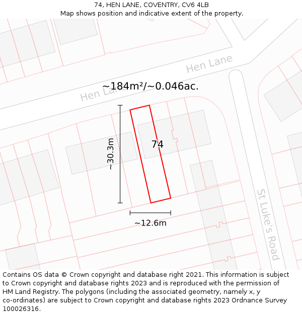 74, HEN LANE, COVENTRY, CV6 4LB: Plot and title map