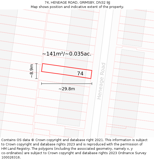 74, HENEAGE ROAD, GRIMSBY, DN32 9JJ: Plot and title map