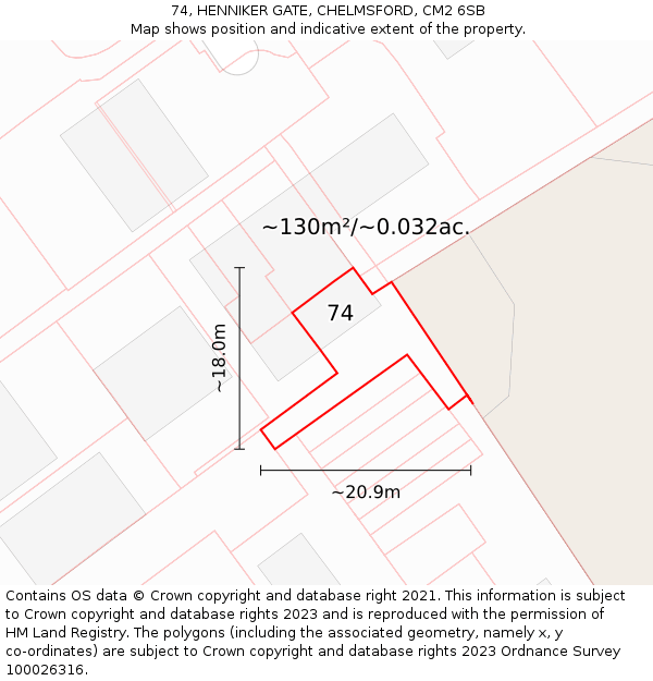 74, HENNIKER GATE, CHELMSFORD, CM2 6SB: Plot and title map