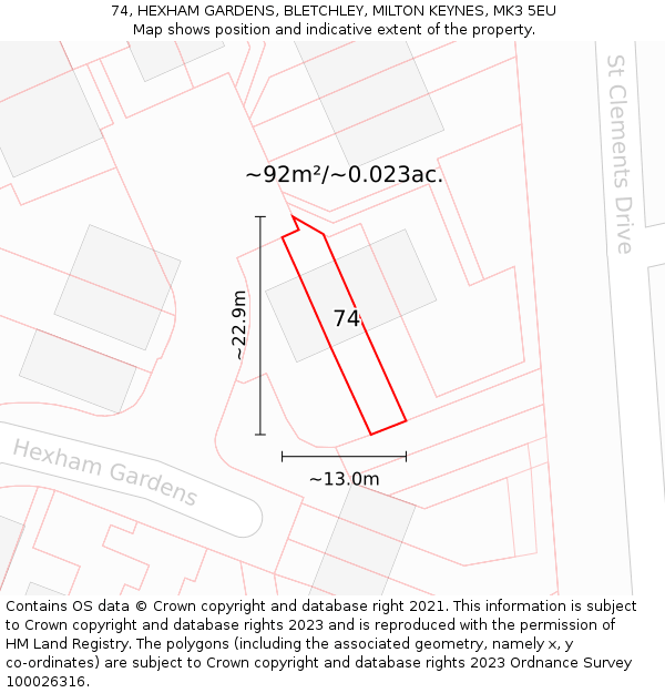 74, HEXHAM GARDENS, BLETCHLEY, MILTON KEYNES, MK3 5EU: Plot and title map