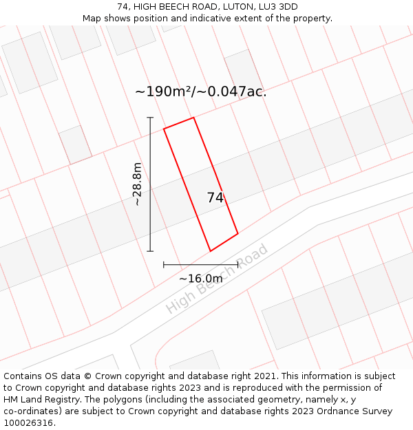 74, HIGH BEECH ROAD, LUTON, LU3 3DD: Plot and title map