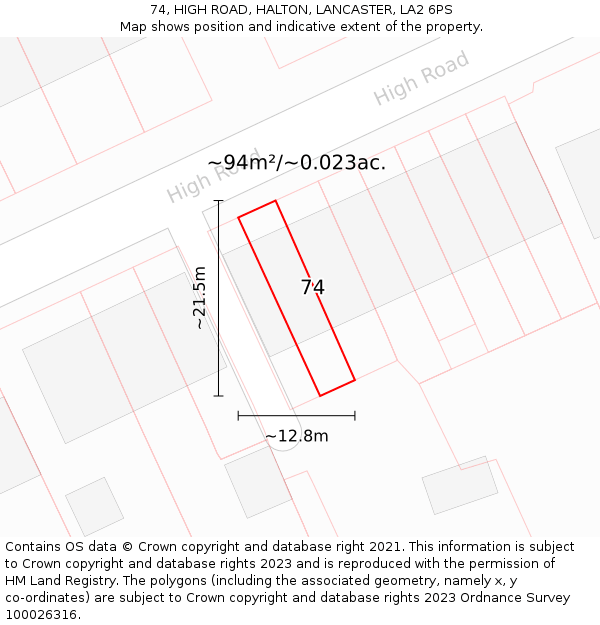 74, HIGH ROAD, HALTON, LANCASTER, LA2 6PS: Plot and title map