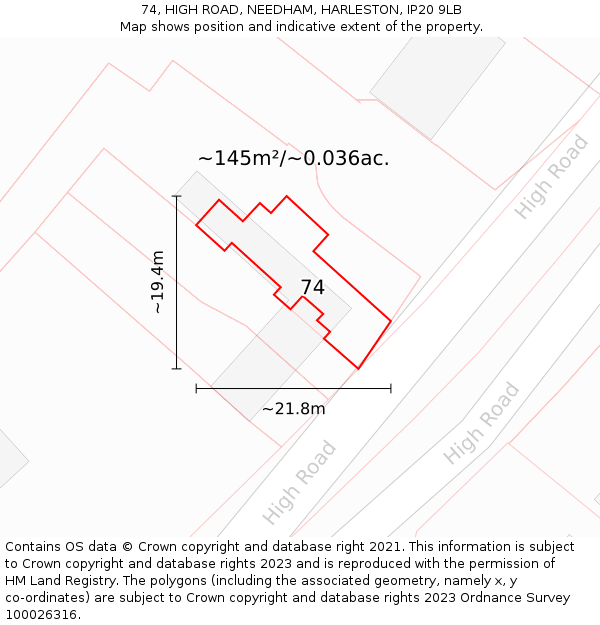 74, HIGH ROAD, NEEDHAM, HARLESTON, IP20 9LB: Plot and title map