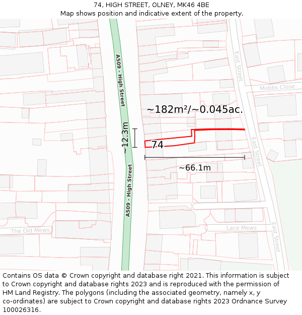 74, HIGH STREET, OLNEY, MK46 4BE: Plot and title map