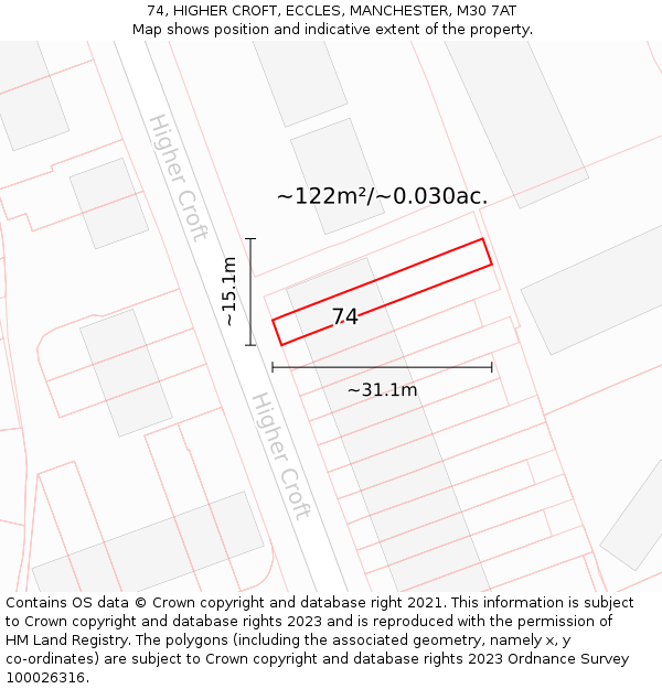 74, HIGHER CROFT, ECCLES, MANCHESTER, M30 7AT: Plot and title map