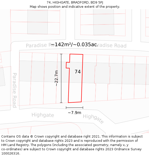 74, HIGHGATE, BRADFORD, BD9 5PJ: Plot and title map