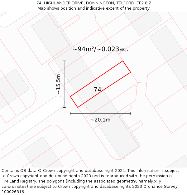 74, HIGHLANDER DRIVE, DONNINGTON, TELFORD, TF2 8JZ: Plot and title map