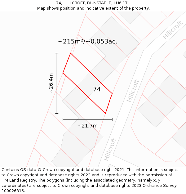 74, HILLCROFT, DUNSTABLE, LU6 1TU: Plot and title map