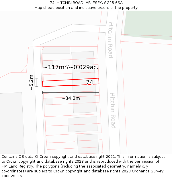 74, HITCHIN ROAD, ARLESEY, SG15 6SA: Plot and title map