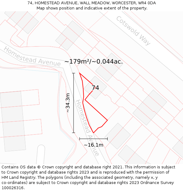 74, HOMESTEAD AVENUE, WALL MEADOW, WORCESTER, WR4 0DA: Plot and title map